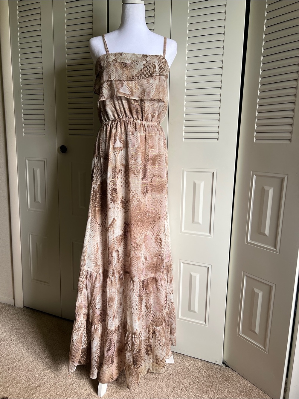 Express Snake-Print Maxi Dress with Smocked Waist in Beige & Taupe  - Size Small